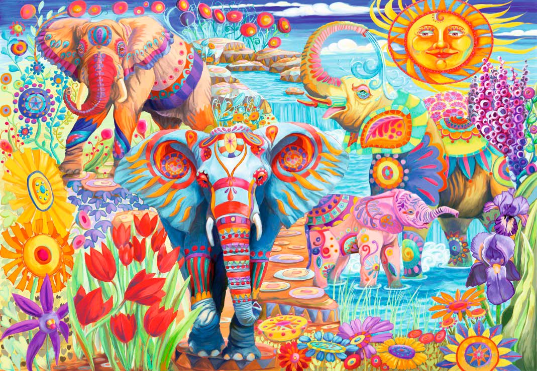 Puzzle Bluebird Jardín de Elefantes Coloridos de 1000 Piezas
