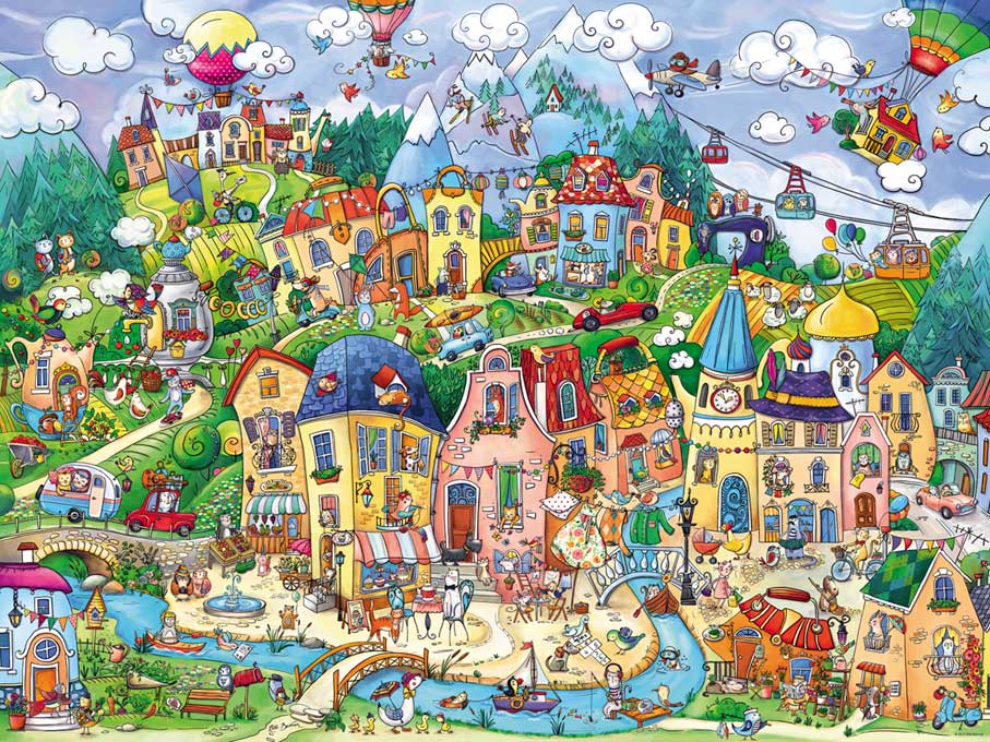 Puzzle Heye Pueblo Felíz (Caja Triangular) de 1500 Piezas