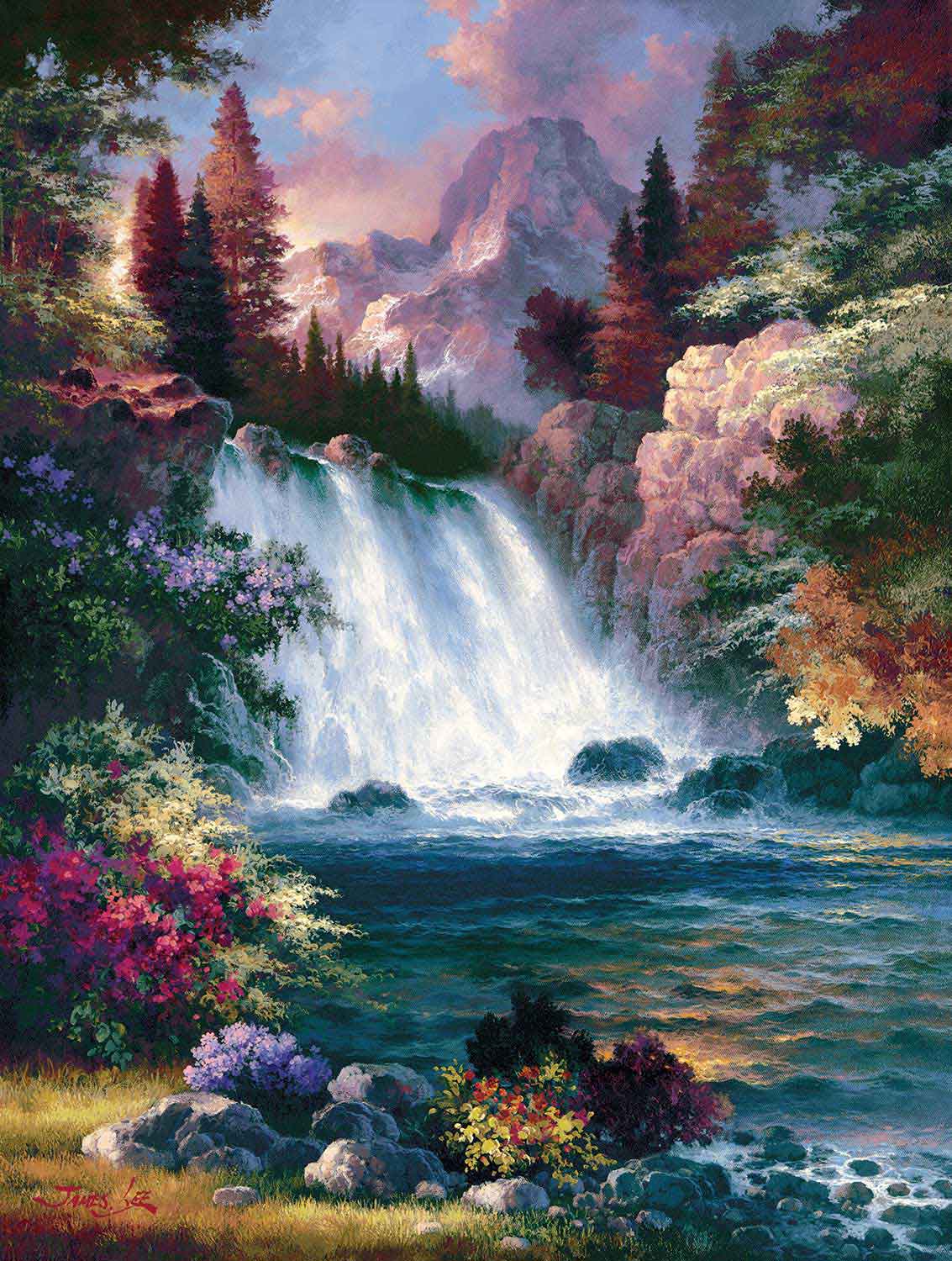 Puzzle SunsOut Amanecer Primaveral en la Cascada de 1000 Piezas