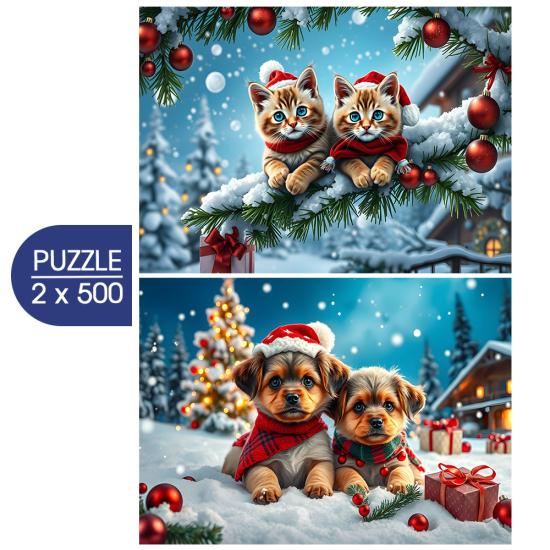 Puzzle Alipson Gatitos Y Cachorros Navideños de 2x500 Piezas