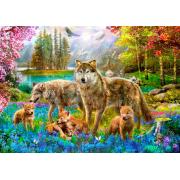 Puzzle Bluebird Familia de Lobos en Primavera de 1500 Piezas