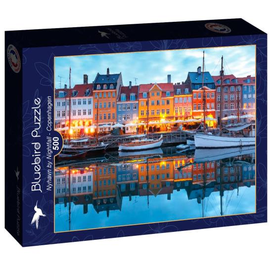Puzzle Bluebird Nyhavn al Anochecer, Copenhague de 500 Piezas