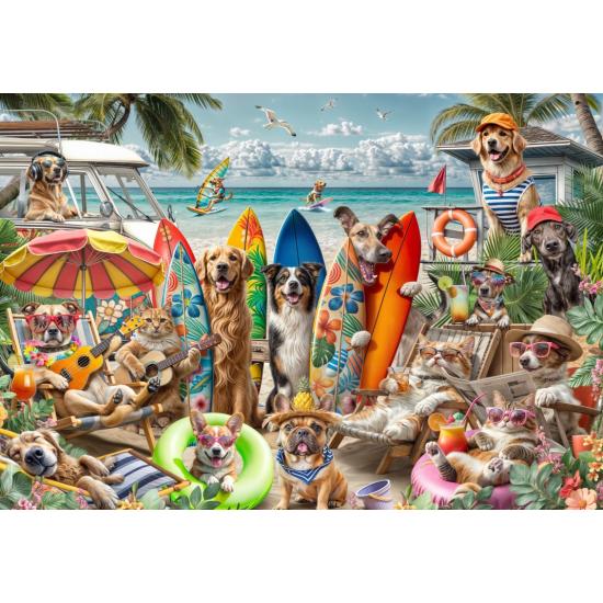 Puzzle Bluebird Perros Y Gatos En La Playa de 2000 Piezas