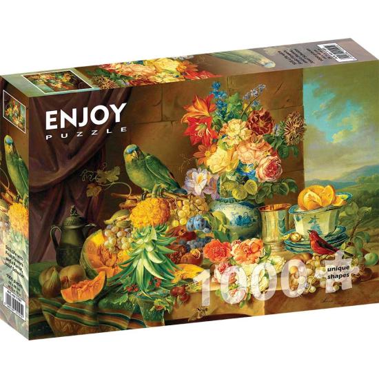 Puzzle Enjoy Bodegón con Flores, Frutas y Loro de 1000 Piezas Puzzle Enjoy Bodegón con Flores, Frutas y Loro de 1000 Piezas
