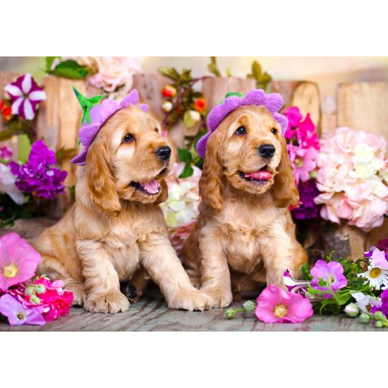 Puzzle Enjoy Cachorros Spaniel con Sombreros Floridos de 1000 P Puzzle Enjoy Cachorros Spaniel con Sombreros Floridos de 1000 P