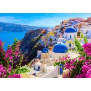 Puzzle Enjoy Vista de Santorini con Flores, Grecia de 1000 Pzs