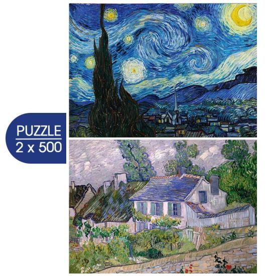 Puzzle Grafika Noche Estrellada y Casa en Auvers de 2x500 Piezas