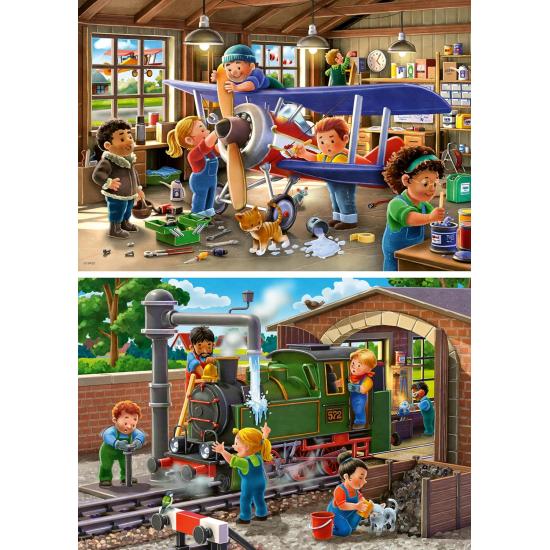 Puzzle Ravensburger Mantenimiento de Trenes y Aviones de 2x24 Pz