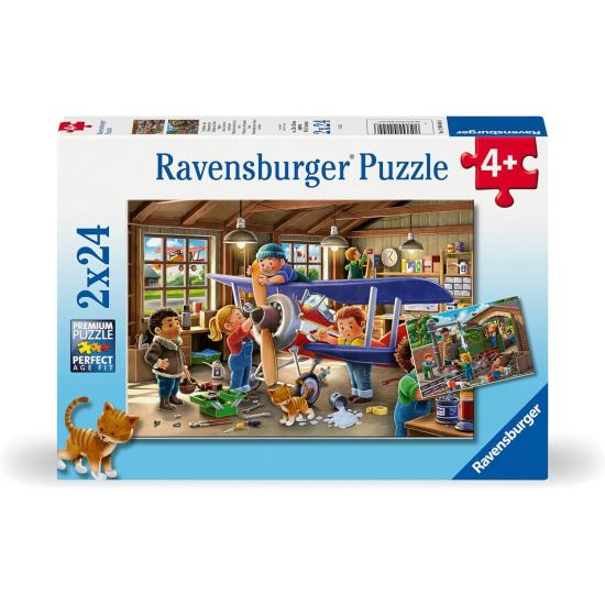 Puzzle Ravensburger Mantenimiento de Trenes y Aviones de 2x24 Pz