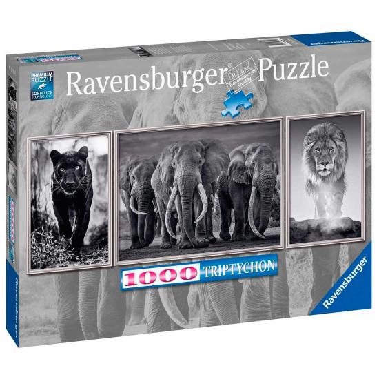 Puzzle Ravensburger Tríptico Pantera, Elefantes y León de 1000